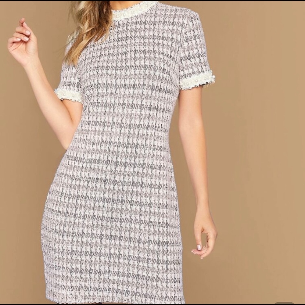 Pearl Beading Trim Tweed Dress